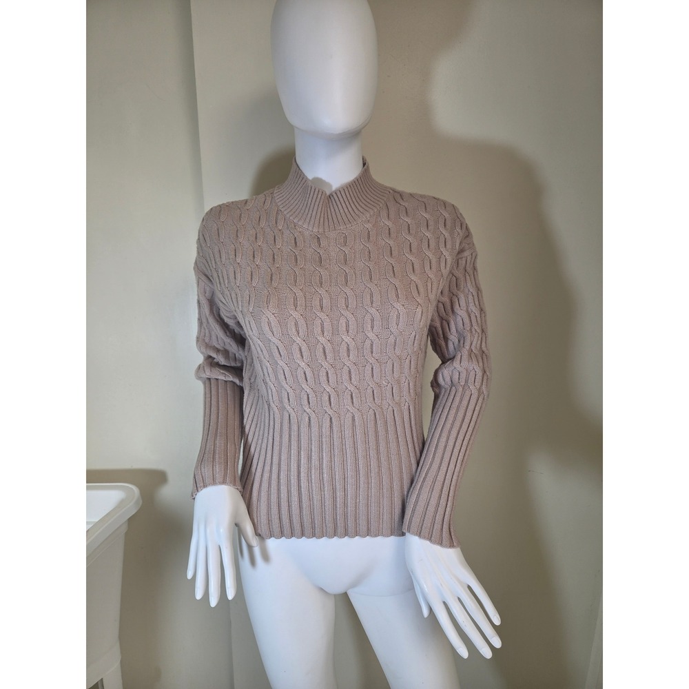 Jason Wu Womens Small Tan Cable Knit Mock Neck Ribbed Sweater Beige Long Sleeve